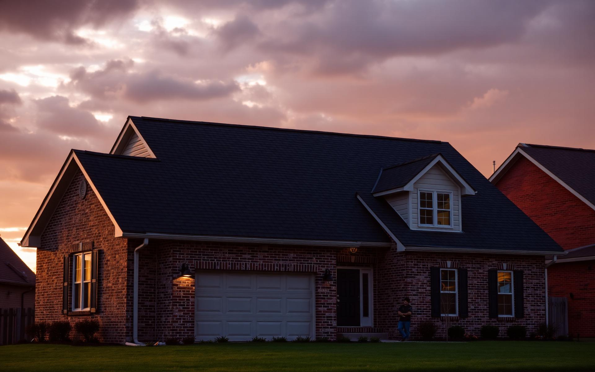 Home with a new asphalt shingle roof at golden hour